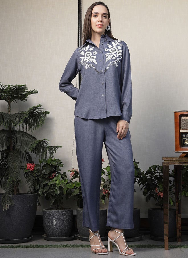 PlusS Floral Embroidered Shirt Collar Co-Ord Set for Women - Image 3
