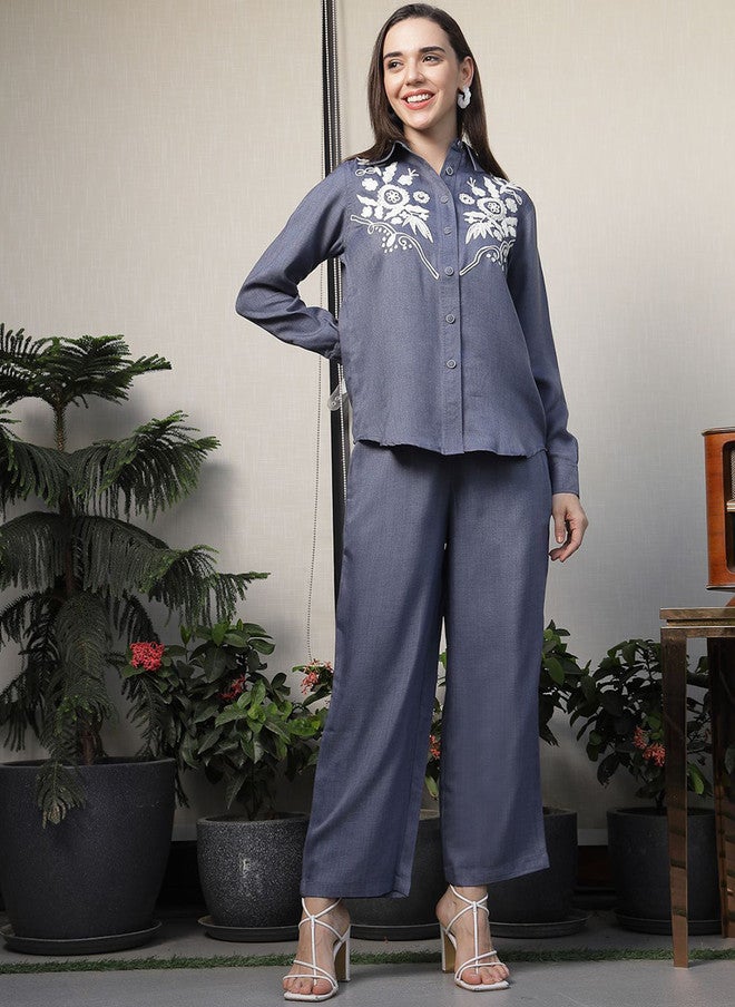PlusS Floral Embroidered Shirt Collar Co-Ord Set for Women - Image 1