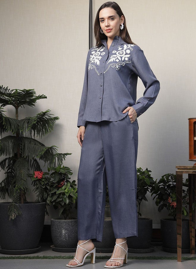PlusS Floral Embroidered Shirt Collar Co-Ord Set for Women - Image 4