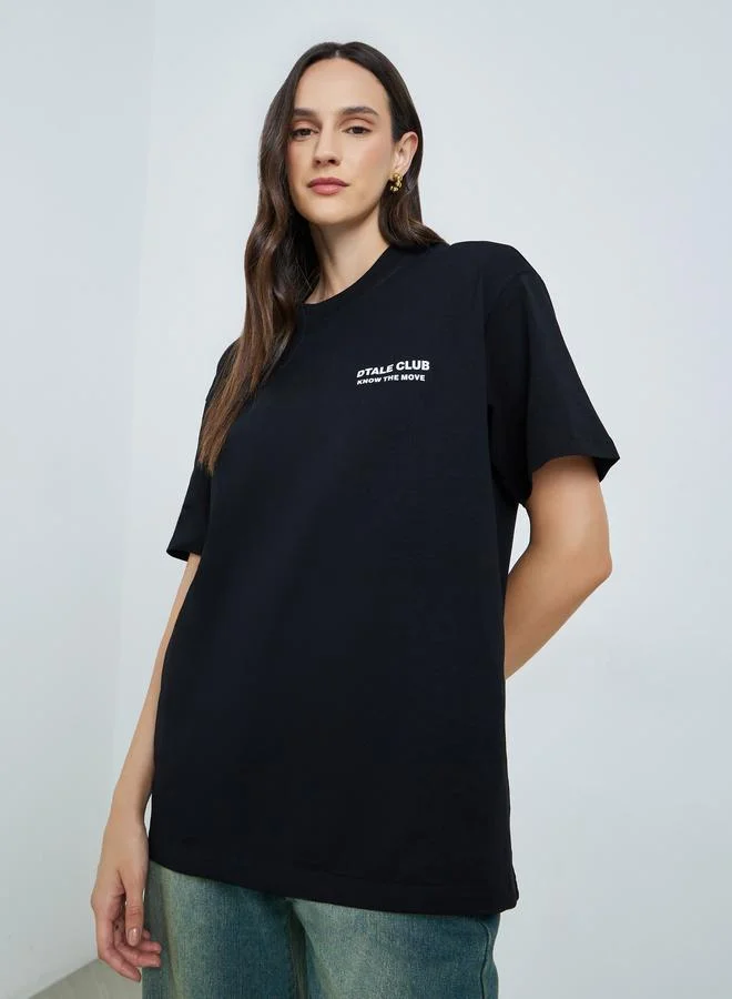 Take Two Black Oversized Cotton T-Shirt with Text Print