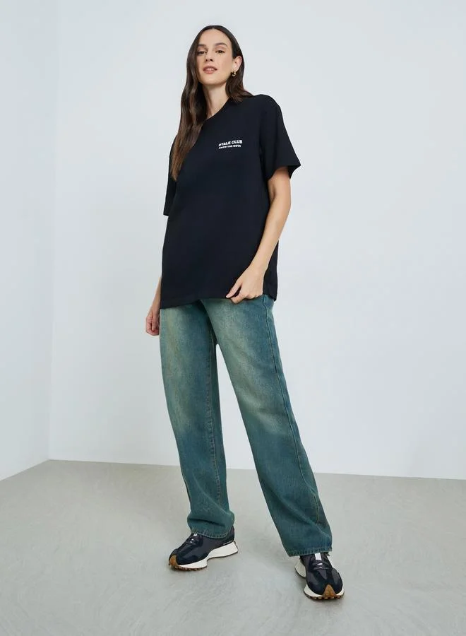 تايك تو Black Oversized Cotton T-Shirt with Text Print