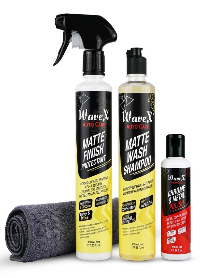 Wavex Matte Finish Maintainer 300ml Combo | Wash Clean, Protect and Maintain Matte Bikes & Cars | Consists of Matte Wash Shampoo, Maintainer, Microfiber, Chrome & Metal Polish - Image 1