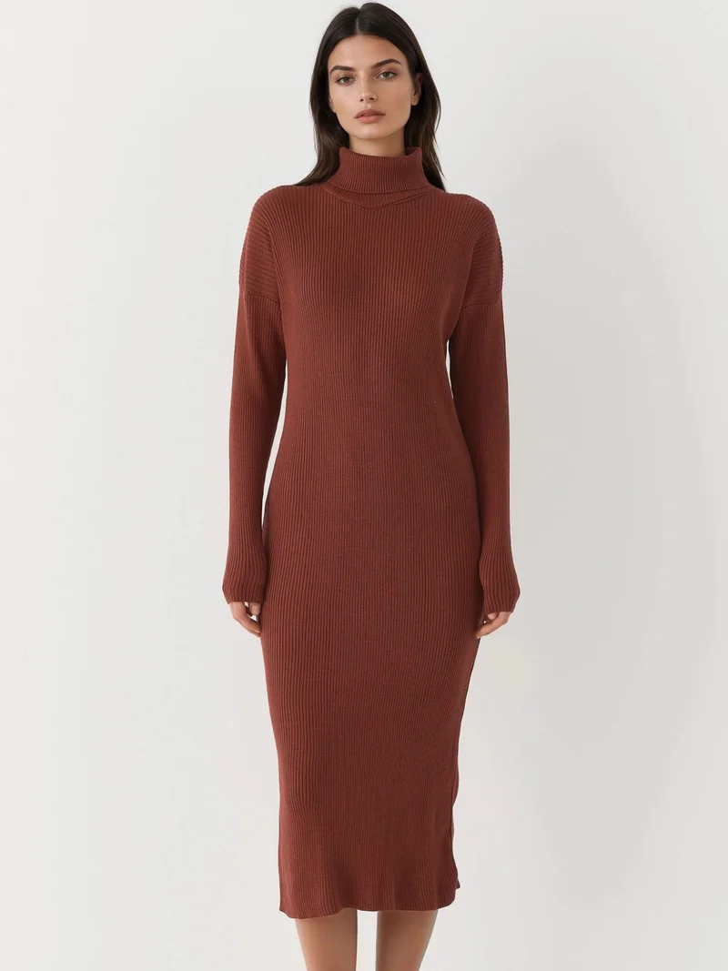 MY FASHION Walnut Brown MY FASHION Ribbed Turtleneck Bodycon Knit Dress for Women | Best Price UAE