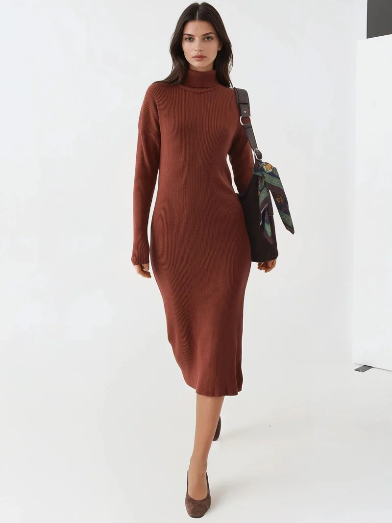 MY FASHION Walnut Brown MY FASHION Ribbed Turtleneck Bodycon Knit Dress for Women | Best Price UAE