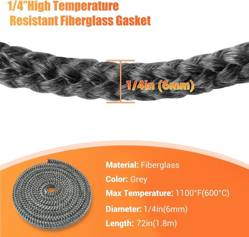 Protalwell Wood Stove Gasket (1/4" x 72" Rope), Wood Stove Door Gasket, Grey Color Fiberglass Gasket, Wood Stove Door Seal, 1/4 in High Temperature Resistant Wood Stove Gasket Rope - Image 2