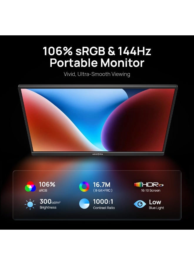 ARZOPA G1 Game MAX 16.1'' 144Hz Portable Gaming Monitor 106% sRGB 1080P FHD Kickstand with HDR Ultra Slim External Second Screen for Laptop PC PS5 Mac Xbox - Image 2