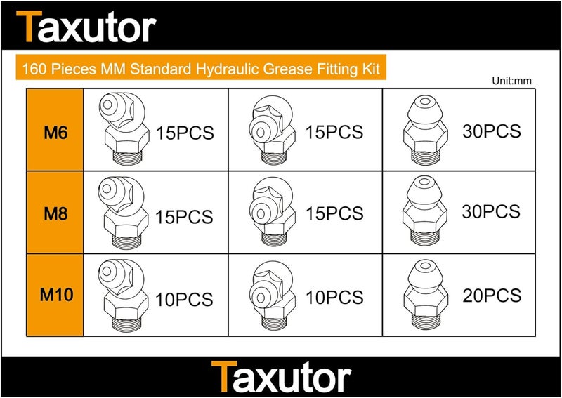 Taxutor 160-Pieces MM Metric Hydraulic Zerk Grease Fitting Assortment Set - M6 M8 M10 - Image 5