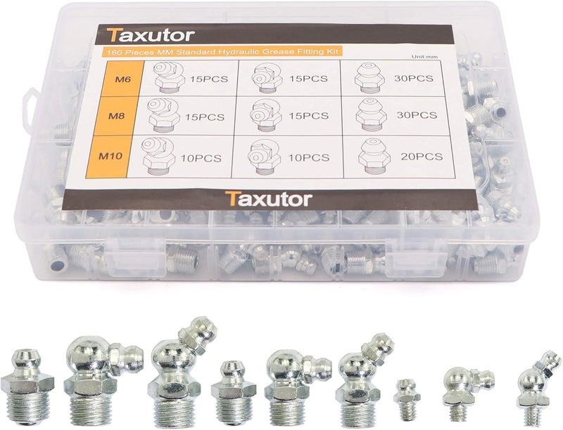 Taxutor 160-Pieces MM Metric Hydraulic Zerk Grease Fitting Assortment Set - M6 M8 M10 - Image 1