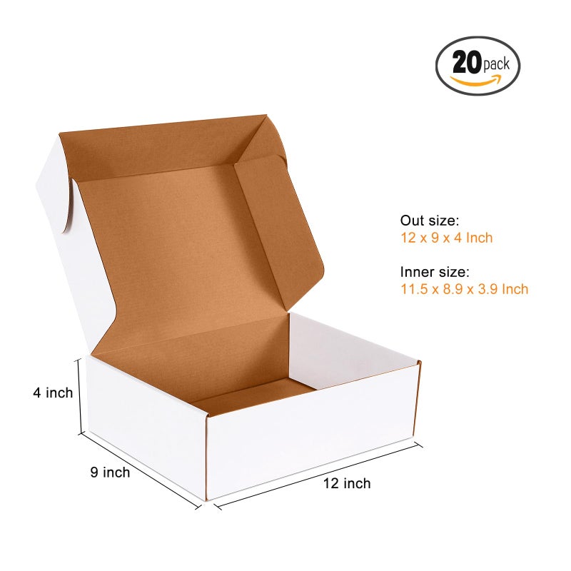 JOWLOT 12x9x4 inch Shipping Boxes Set of 20, White Corrugated Cardboard Box Literature Mailer for Mailing Packing Moving and Storage - Image 4