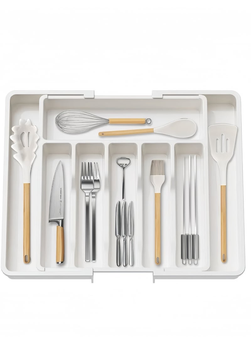 Lee Yon Cutlery Tray Organizer, Kitchen Drawer Organizer, Silverware Cutlery Organizer, Adjustable Utensils Organizer, Expandable 8-Compartment Plastic Cutlery Tray for Tableware ( 34*38*5.5 cm, White )  - Image 1