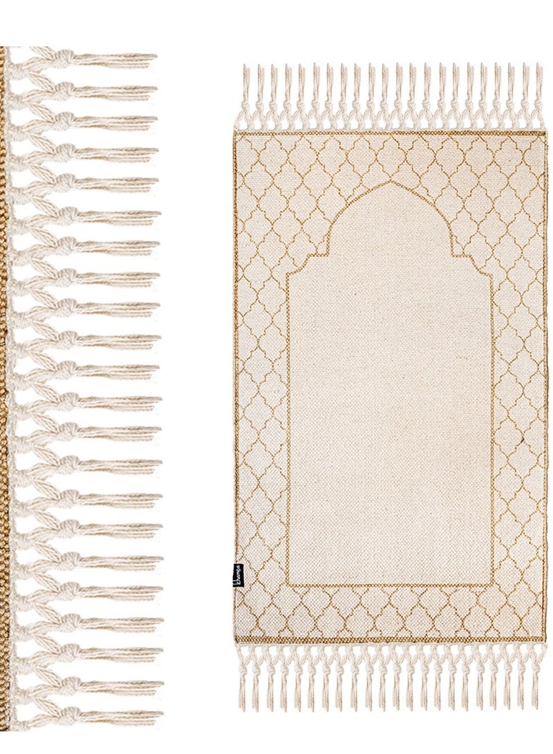 KHAMSA Khamsa Classic | Muslim Prayer Rug Prayer Mat Children Size 55 cm x 100 cm Arabic Style Janamaz in 100% Soft Organic Cotton Fabric Handcrafted Arabic Design | Asmar - Tan  - Image 2