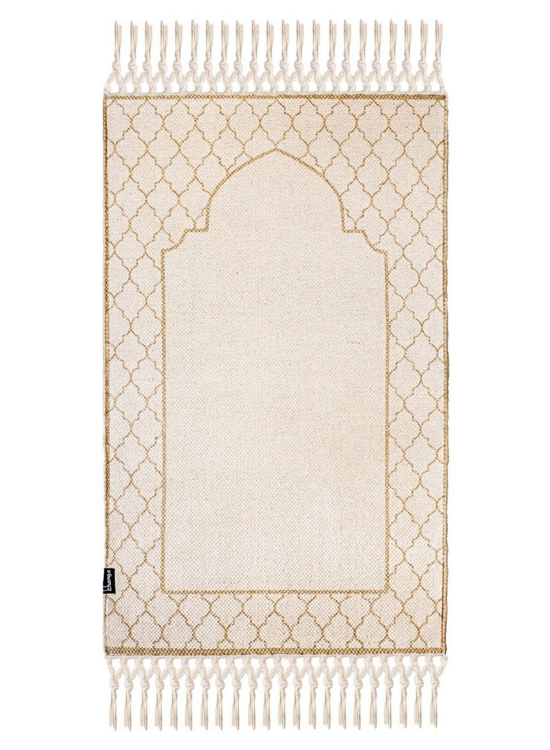 KHAMSA Khamsa Classic | Muslim Prayer Rug Prayer Mat Children Size 55 cm x 100 cm Arabic Style Janamaz in 100% Soft Organic Cotton Fabric Handcrafted Arabic Design | Asmar - Tan  - Image 1