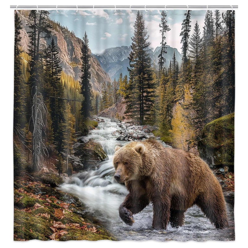 Hajmsug Forest Bear Shower Curtain Misty Mountains Wildlife Farm Rustic National Park Jungle Rainforest Stream River Rock Natural Landscape Fabric Bathroom Decor Curtain with Hook 69x70