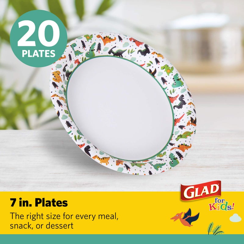 Glad for Kids Dinosaur Design Disposable Paper Plates  7-Inch  Soak Proof & Microwavable Kid Paper Plates - Perfect for Kids Birthday Parties  Dinosaur Party Supplies - 20 Count Party Plates - Image 2