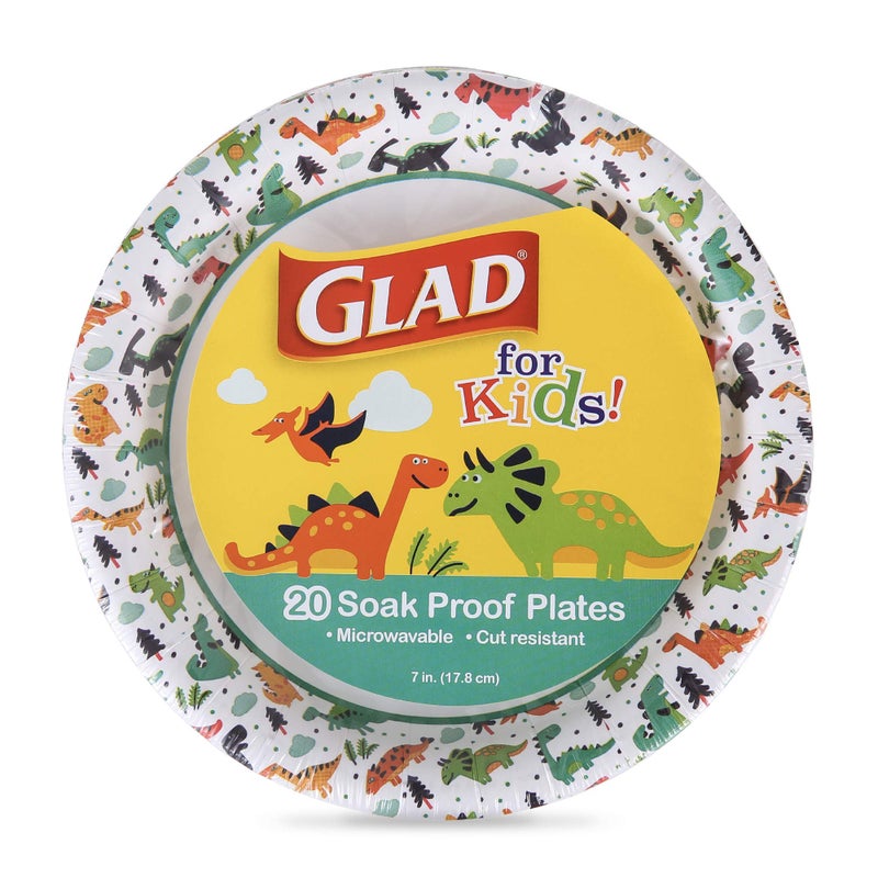 Glad for Kids Dinosaur Design Disposable Paper Plates  7-Inch  Soak Proof & Microwavable Kid Paper Plates - Perfect for Kids Birthday Parties  Dinosaur Party Supplies - 20 Count Party Plates - Image 1