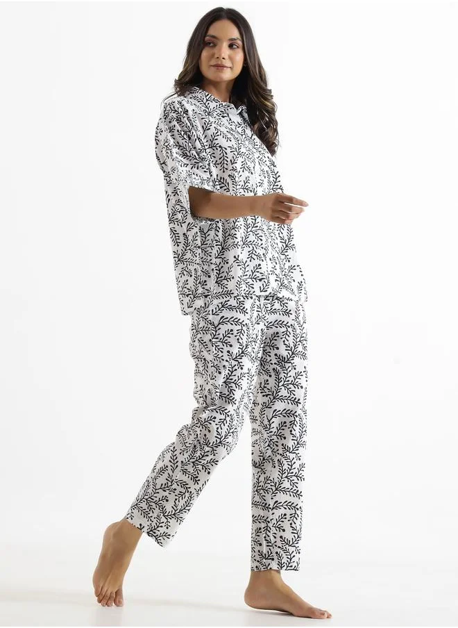 سانسكريتي هومز Sanskrutihomes Women Leaf Printed Pure Cotton Shirt and Pyjama Set