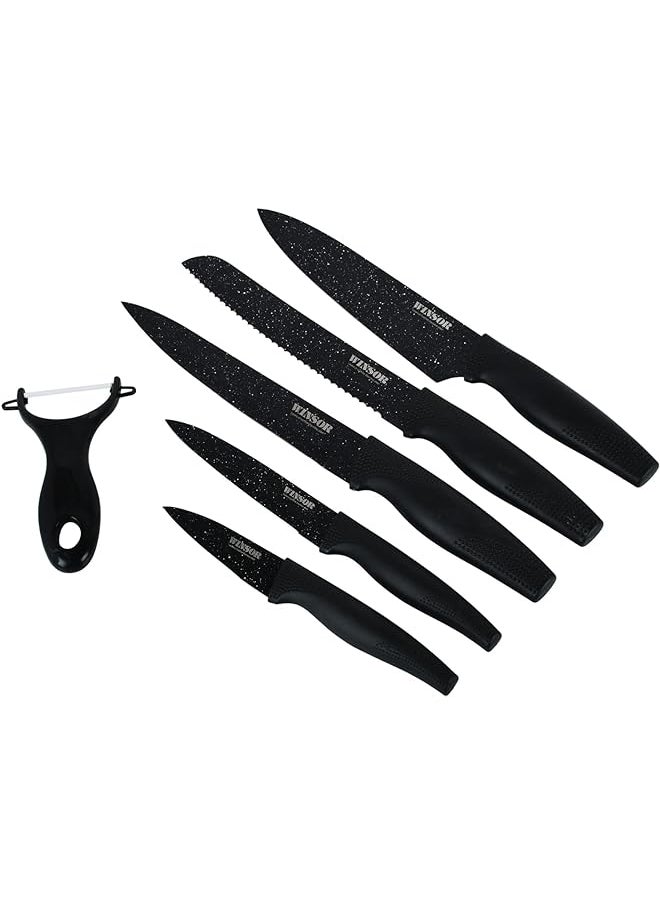 Winsor Non Stick Knife 6 Pcs Set Ceramic Peeler Chef Knife Bread Knife Slicer Knife Utility Knife Paring Knife Black  - Image 1