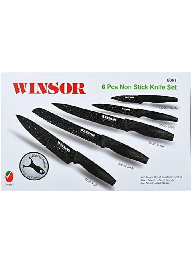 Winsor Non Stick Knife 6 Pcs Set Ceramic Peeler Chef Knife Bread Knife Slicer Knife Utility Knife Paring Knife Black  - Image 3