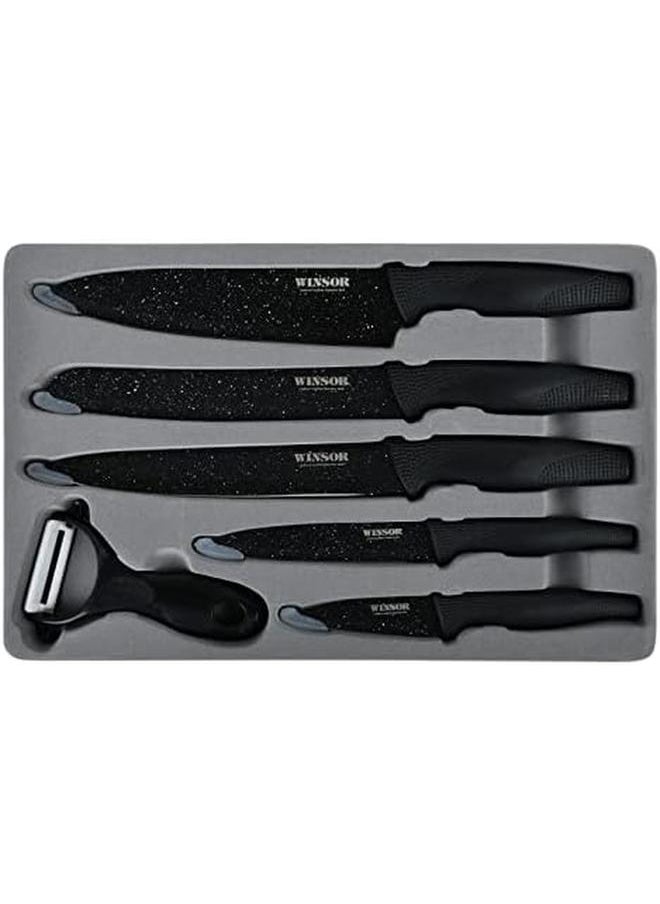 Winsor Non Stick Knife 6 Pcs Set Ceramic Peeler Chef Knife Bread Knife Slicer Knife Utility Knife Paring Knife Black  - Image 2