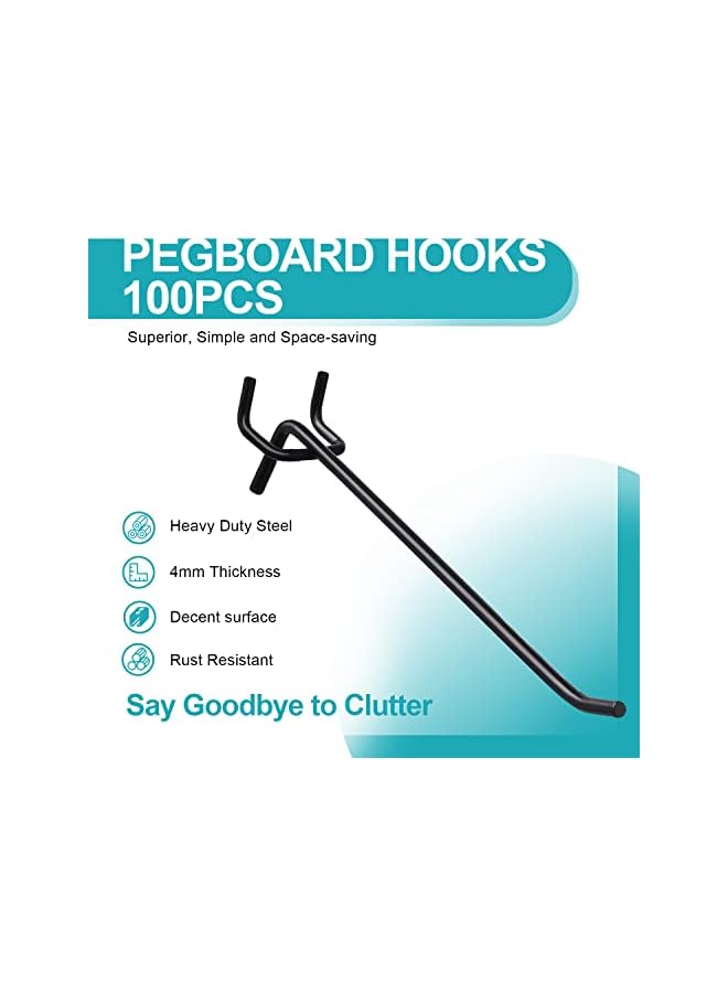 PROMASS Pegboard Hooks 6 Inch, 100 Pcs Black Peg Board Hooks for Hanging Pegboard Display Hooks, Heavy Duty Pegboard Hooks, Peg Wall Hooks Fit 1/8 and 1/4 Inch Pegboard for Garage, Office, Kitchen, Store  - Image 3