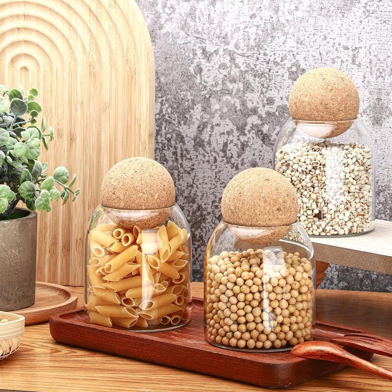 Cunhill 3 Pcs Glass Jar with Ball Cork Lid Decorative Round Bottle Sealed Canister Jar Storage Container Organizer with Airtight Wooden Lid for Food Coffee Bean Candy Biscuits Spice(500 ML/ 17 Oz) - Image 3