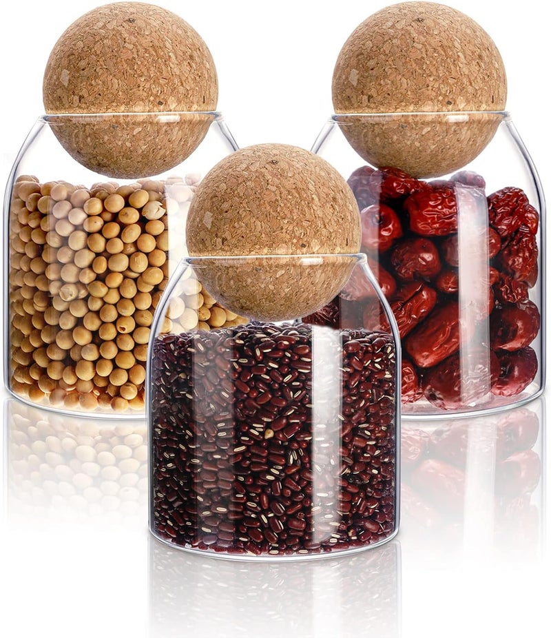 Cunhill 3 Pcs Glass Jar with Ball Cork Lid Decorative Round Bottle Sealed Canister Jar Storage Container Organizer with Airtight Wooden Lid for Food Coffee Bean Candy Biscuits Spice(500 ML/ 17 Oz) - Image 1