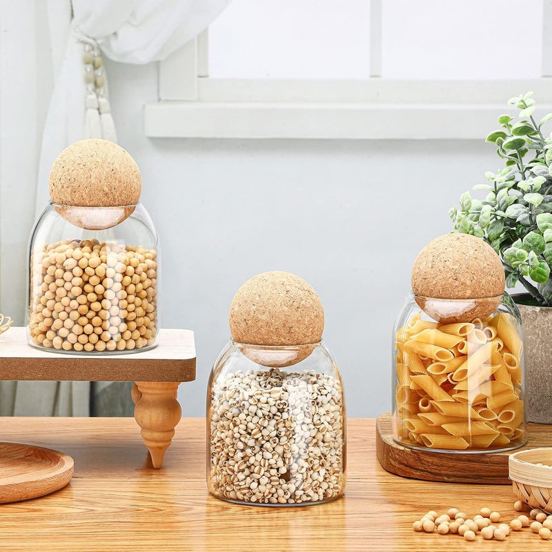 Cunhill 3 Pcs Glass Jar with Ball Cork Lid Decorative Round Bottle Sealed Canister Jar Storage Container Organizer with Airtight Wooden Lid for Food Coffee Bean Candy Biscuits Spice(500 ML/ 17 Oz) - Image 4
