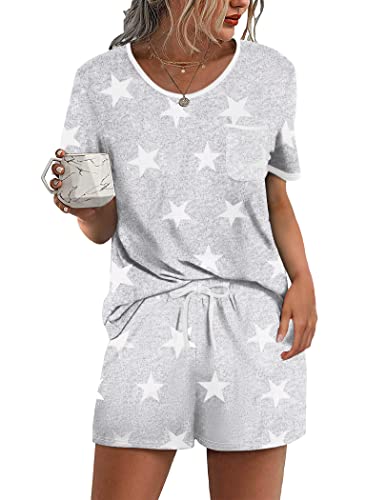 Ekouaer Pajama Set for Women 2 Piece Lounge Set Short Sleeve Tops and Shorts Soft Sleepwear, Chest Pocket - Image 1