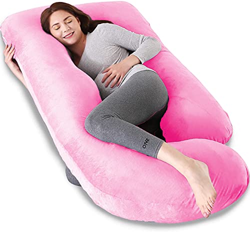 DADDY COOL Luxurious Full Body J Shape Maternity/Feeding/Nursing/Pregnancy Pillow for Pregnant Women with Made of 100% Velvet Pillow Cover (Pink) - Image 1