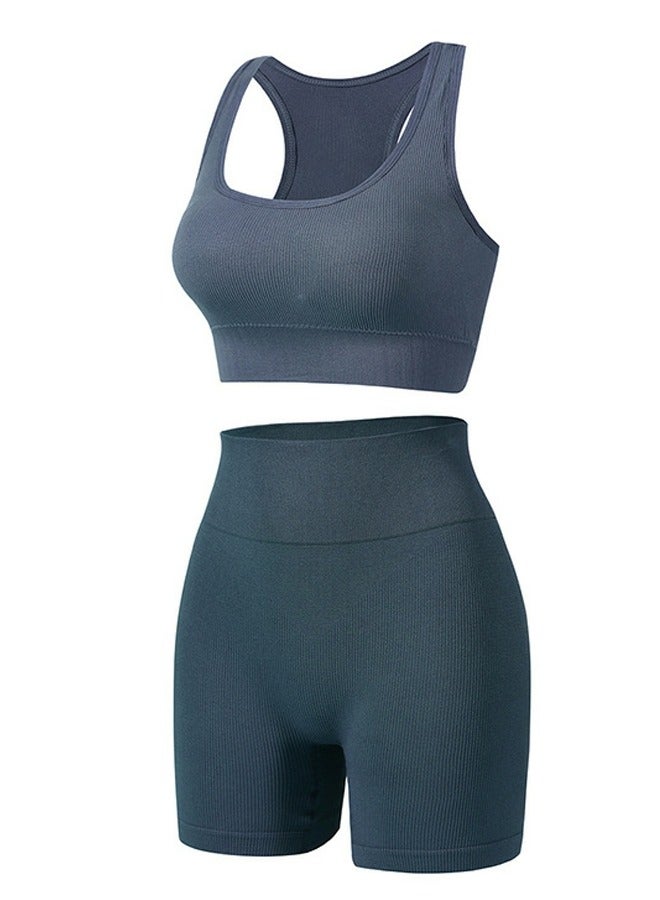 Loquat Women's Solid Color Sport Fitness Lingerie Set 2-piece Seamless Wireless Wide Shoulders Bra Vest+High Waist Boxer Briefs Sport Suit Dusty Blue 