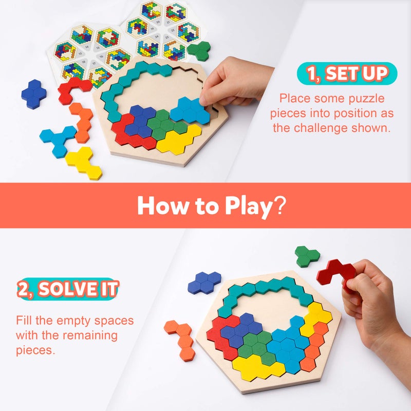 Coogam Wooden Hexagon Puzzle for Kid Adults - Shape Pattern Block Tangram Brain Teaser Toy Geometry Logic IQ Game STEM Montessori Educational Gift for All Ages Challenge - Image 3