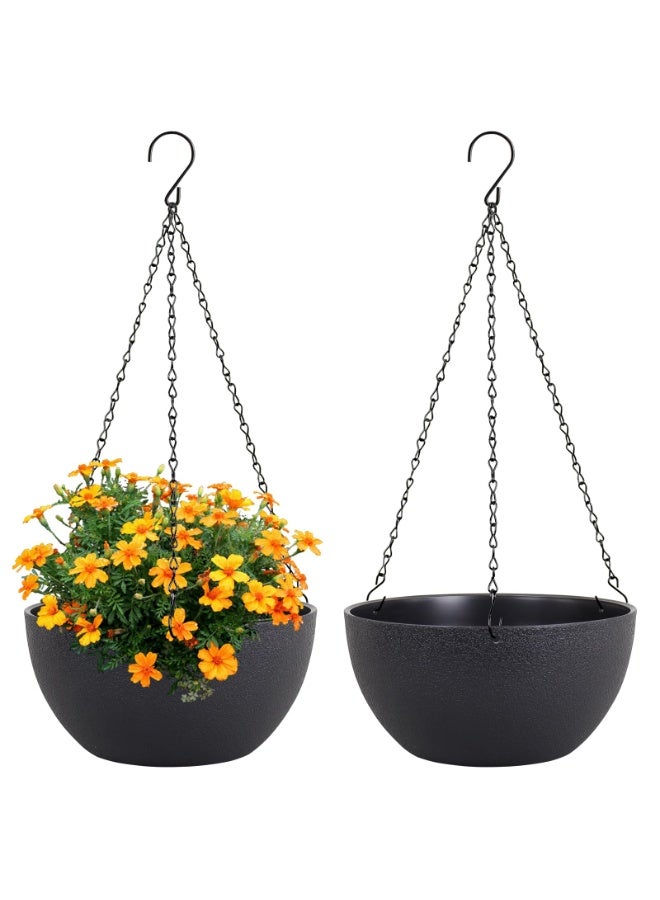Arabest Hanging Planters for Indoor Outdoor Plants, 2 Pack Hanging Flower Pots with Drainage Holes and Chain for Garden Porch, Round Plastic Hanging Baskets for House Plants（Black） - Image 1