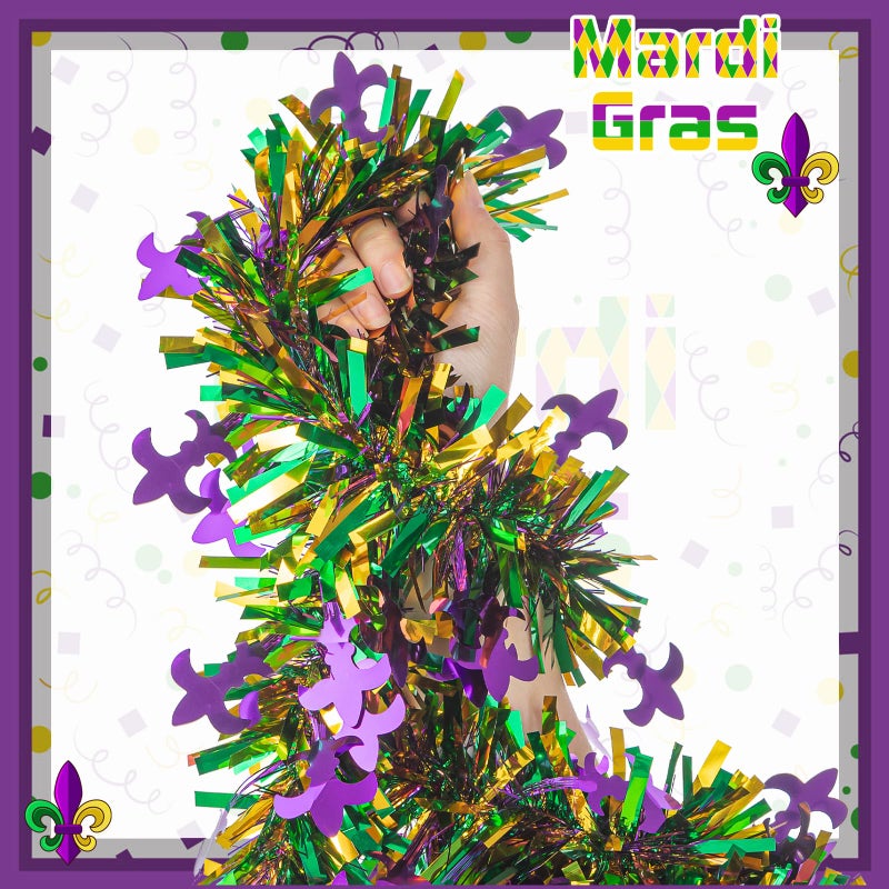 Gloreyan 33FT Mardi Gras Tinsel Garland Metallic Festooning Garland Purple Green Gold Metallic Twist Foil Tinsel Garland Shiny Hanging Decorations for Mardi Gras Carnival Party Indoor Outdoor Decor - Image 2