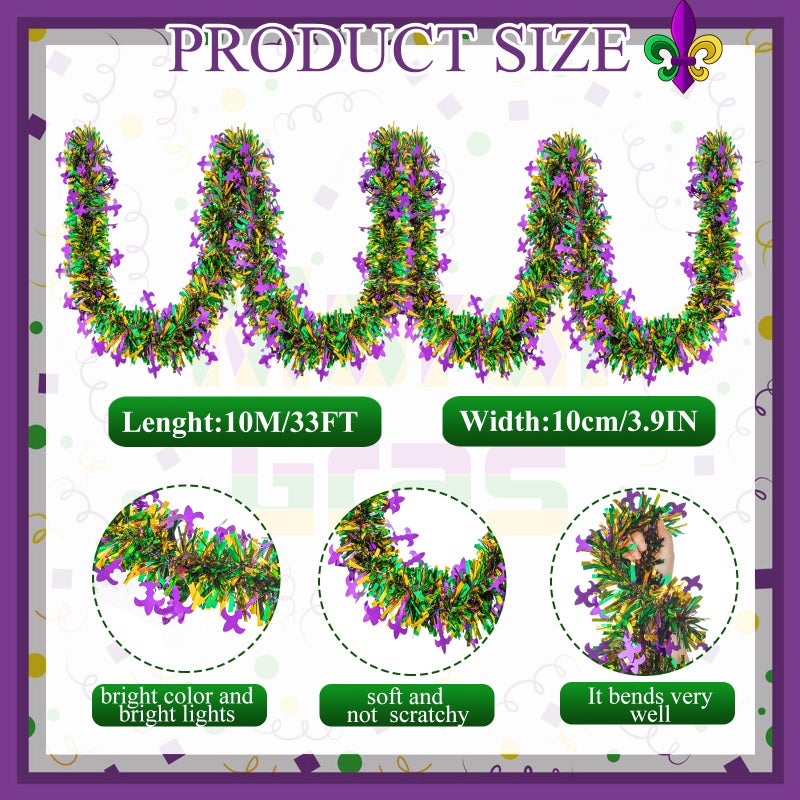 Gloreyan 33FT Mardi Gras Tinsel Garland Metallic Festooning Garland Purple Green Gold Metallic Twist Foil Tinsel Garland Shiny Hanging Decorations for Mardi Gras Carnival Party Indoor Outdoor Decor - Image 3
