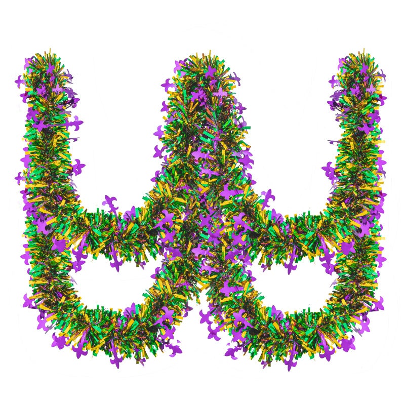 Gloreyan 33FT Mardi Gras Tinsel Garland Metallic Festooning Garland Purple Green Gold Metallic Twist Foil Tinsel Garland Shiny Hanging Decorations for Mardi Gras Carnival Party Indoor Outdoor Decor - Image 1