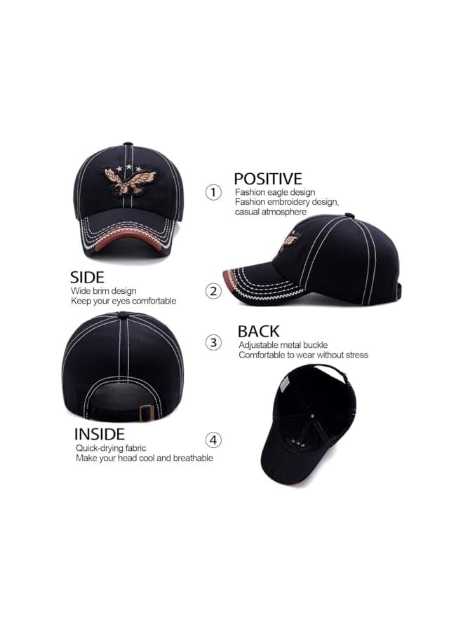 بروماس قبعة بيسبول للرجال، قبعة بيسبول مطرزة على شكل نسر للرجال، قبعة هيب هوب للأب، قبعة شمس كاجوال رياضية عتيقة، قبعة شمس للجنسين قبعات صيفية قابلة للتعديل للخارج، أسود - Image 4