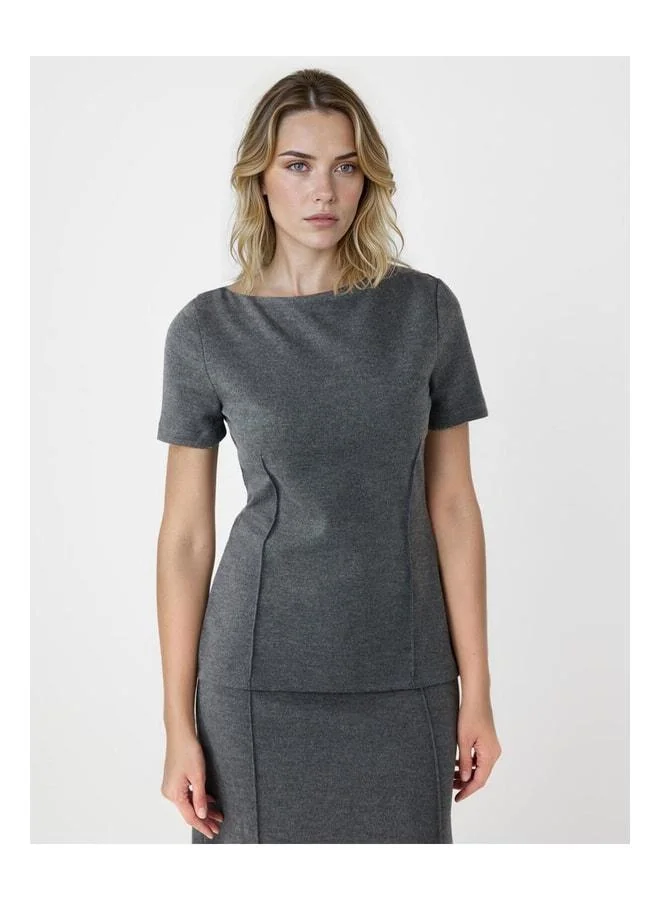 Jimmy Key Anthracite Melange Short Sleeve Boat Neck Knit Blouse.
