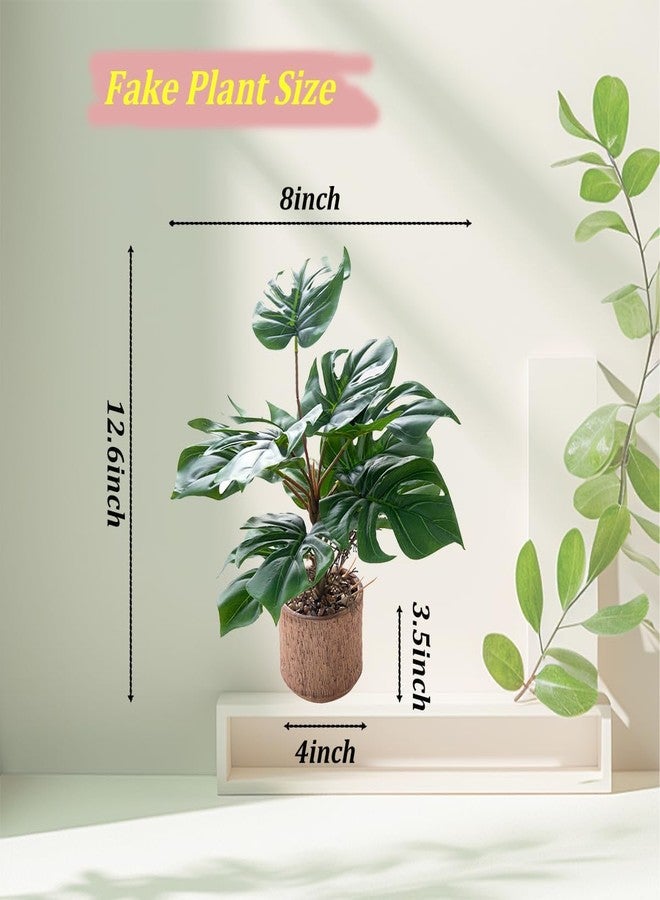 Giftale 12.6" Fake Plant with Rustic Ceramic Vase, Faux Monstera Plant Indoor, Realistic Looking Small Artificial Farmhouse Plant, Medium Artificial Plants Bathroom Kitchen Housewarming Gift - Image 2