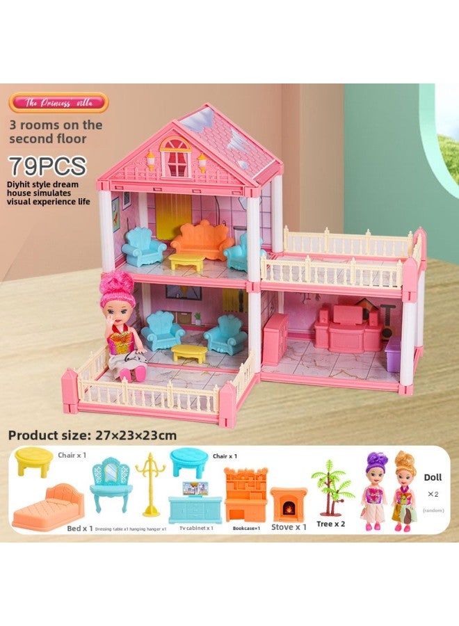 DIY Doll House Children Girl Princess Big Castle Villa House Birthday Gift Play House Toys-color:Pink Castle 79pcs (320g) 3 Rooms - Image 1