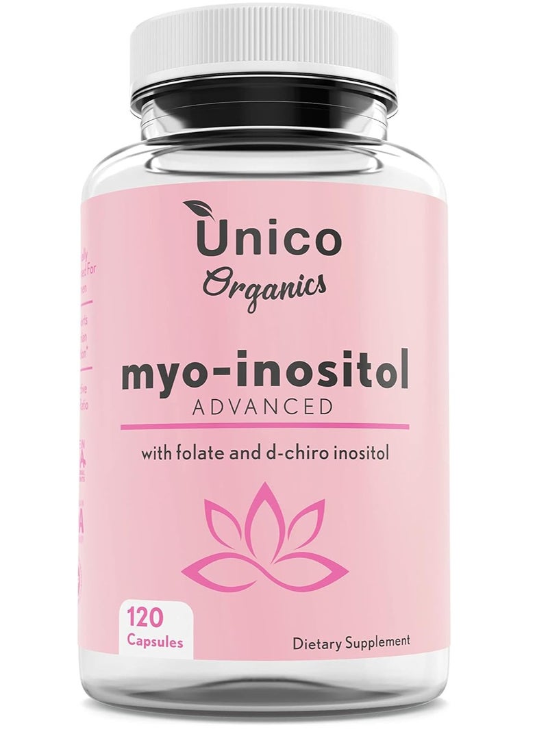 Unico Myo-Inositol Advanced With Folate & D-Chiro Formulated For Women Hormonal Balance & Healthy Ovarian Function, Ratio 40 Is To 1, Vitamin B8, No Gluten,120 Capsules  - Image 1