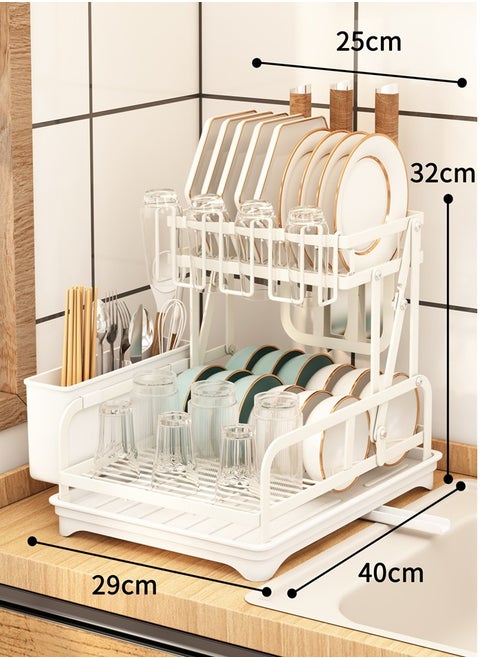 2 layer dish drying rack, Kitchen Storage rack, multi functional rust proof foldable dish rack, tableware storage rack that can store dishes, knives, chopsticks and spoons, with drain tray, White