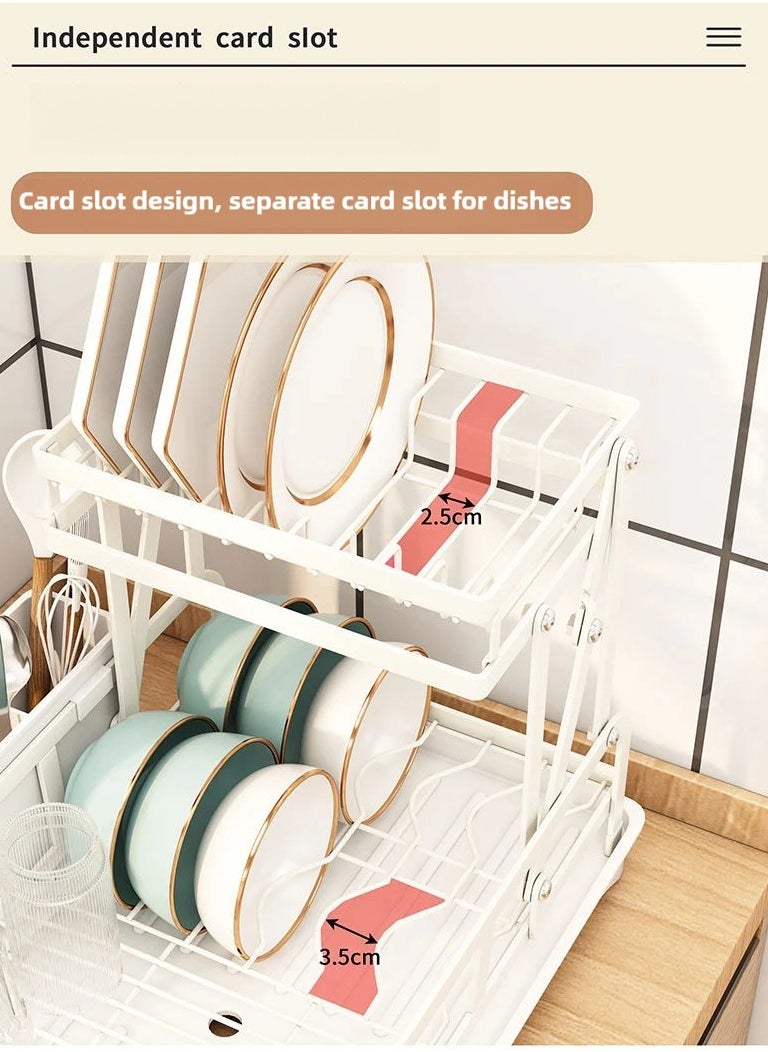 2 layer dish drying rack, Kitchen Storage rack, multi functional rust proof foldable dish rack, tableware storage rack that can store dishes, knives, chopsticks and spoons, with drain tray, White