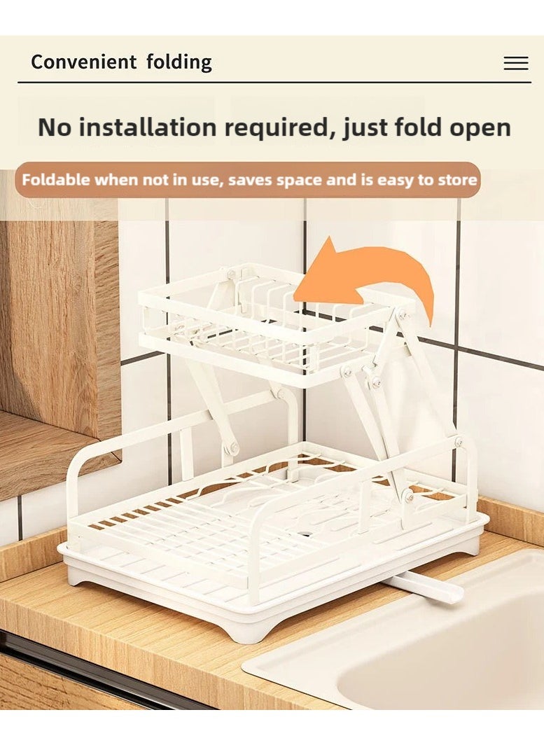 2 layer dish drying rack, Kitchen Storage rack, multi functional rust proof foldable dish rack, tableware storage rack that can store dishes, knives, chopsticks and spoons, with drain tray, White