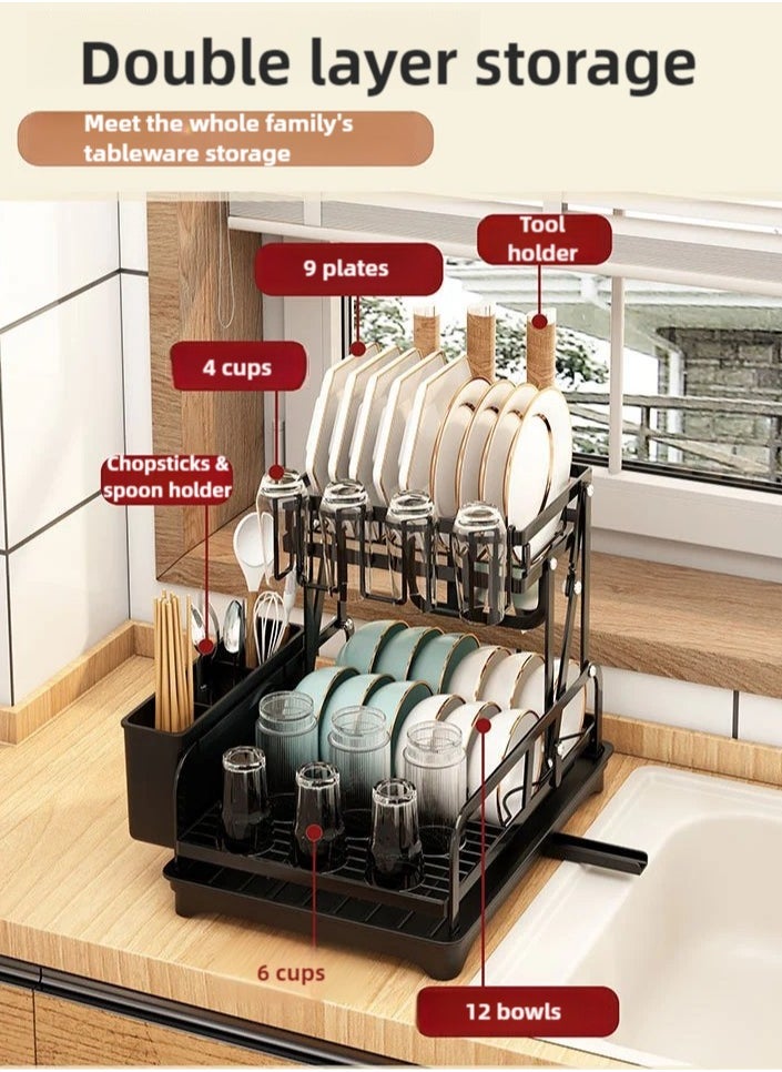2 layer dish drying rack, Kitchen Storage rack, multi functional rust proof foldable dish rack, tableware storage rack that can store dishes, knives, chopsticks and spoons, with drain tray, White