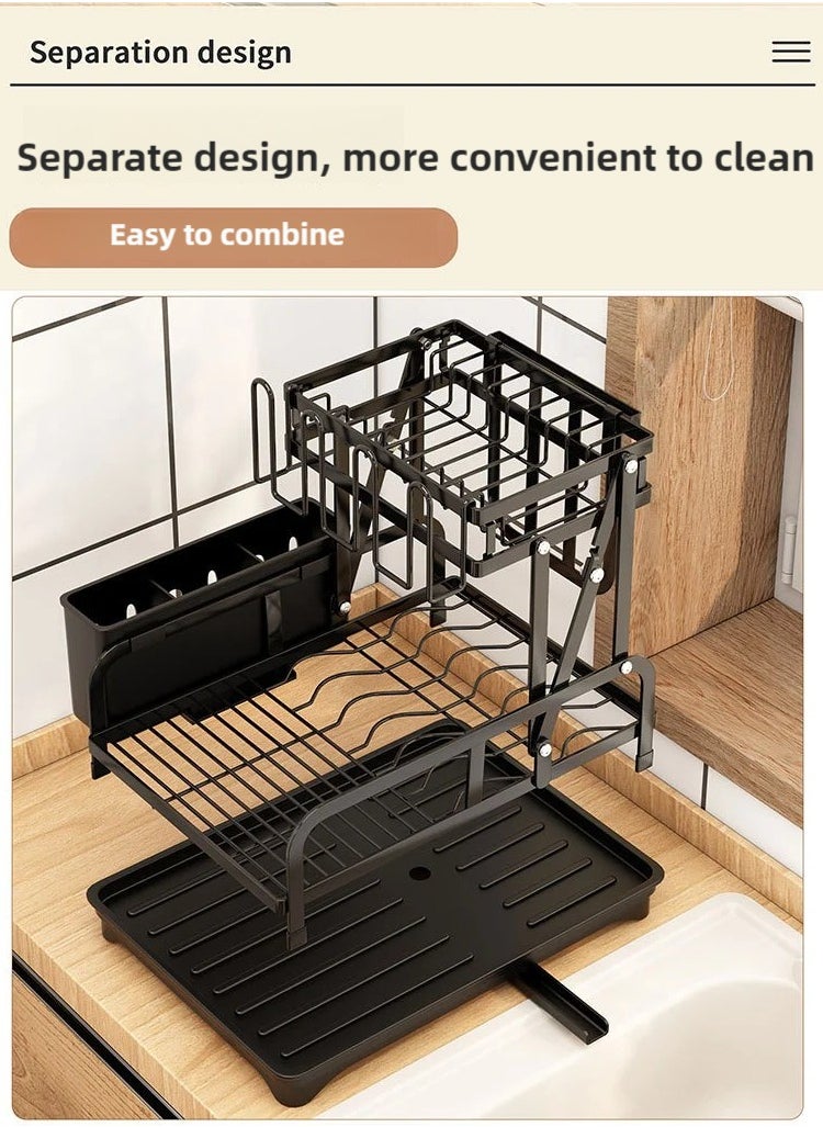 2 layer dish drying rack, Kitchen Storage rack, multi functional rust proof foldable dish rack, tableware storage rack that can store dishes, knives, chopsticks and spoons, with drain tray, White