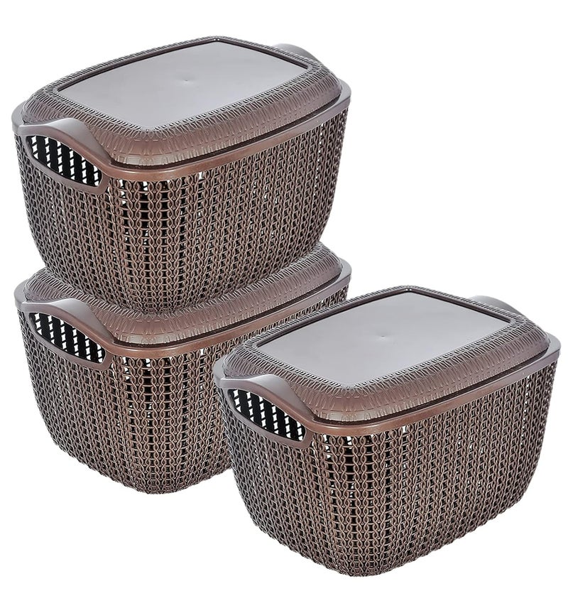 Kuber Industries Heart Home Multiuses Large M 30 Plastic Basket/Organizer With Lid- Pack of 3 (Brown) -46HH09 - Image 1
