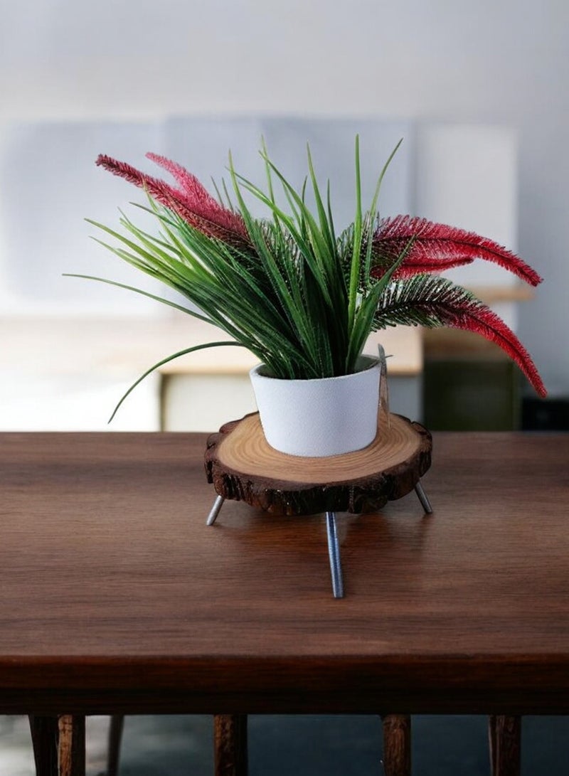 ارك ورد صناعي في اصيص ابيض على قاعدة خشبية بارجل  معدنية - Image 1