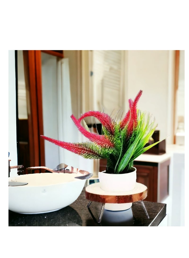 ارك ورد صناعي في اصيص ابيض على قاعدة خشبية بارجل  معدنية - Image 4