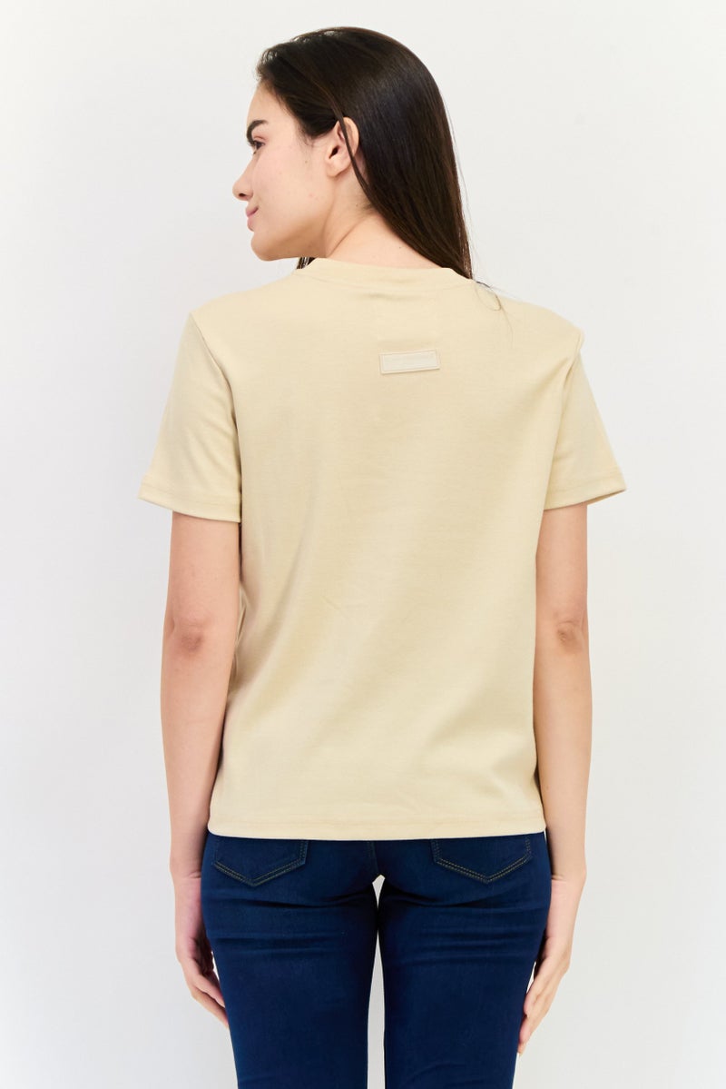Blank Essentials Women Round Neck Short Sleeve Brand Logo T-Shirt, Beige - Image 3