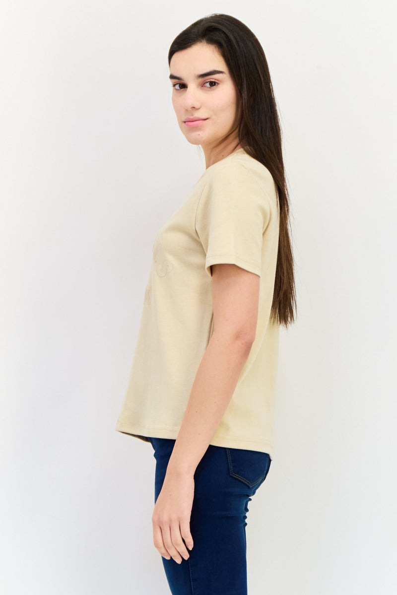 Blank Essentials Women Round Neck Short Sleeve Brand Logo T-Shirt, Beige - Image 2
